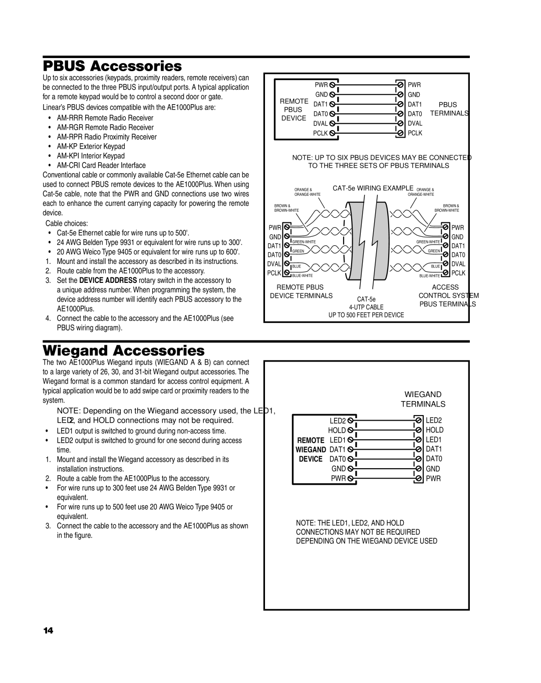 Linear Pbus Accessories, Wiegand Accessories, Route cable from the AE1000Plus to the accessory, Wiegand Terminals 