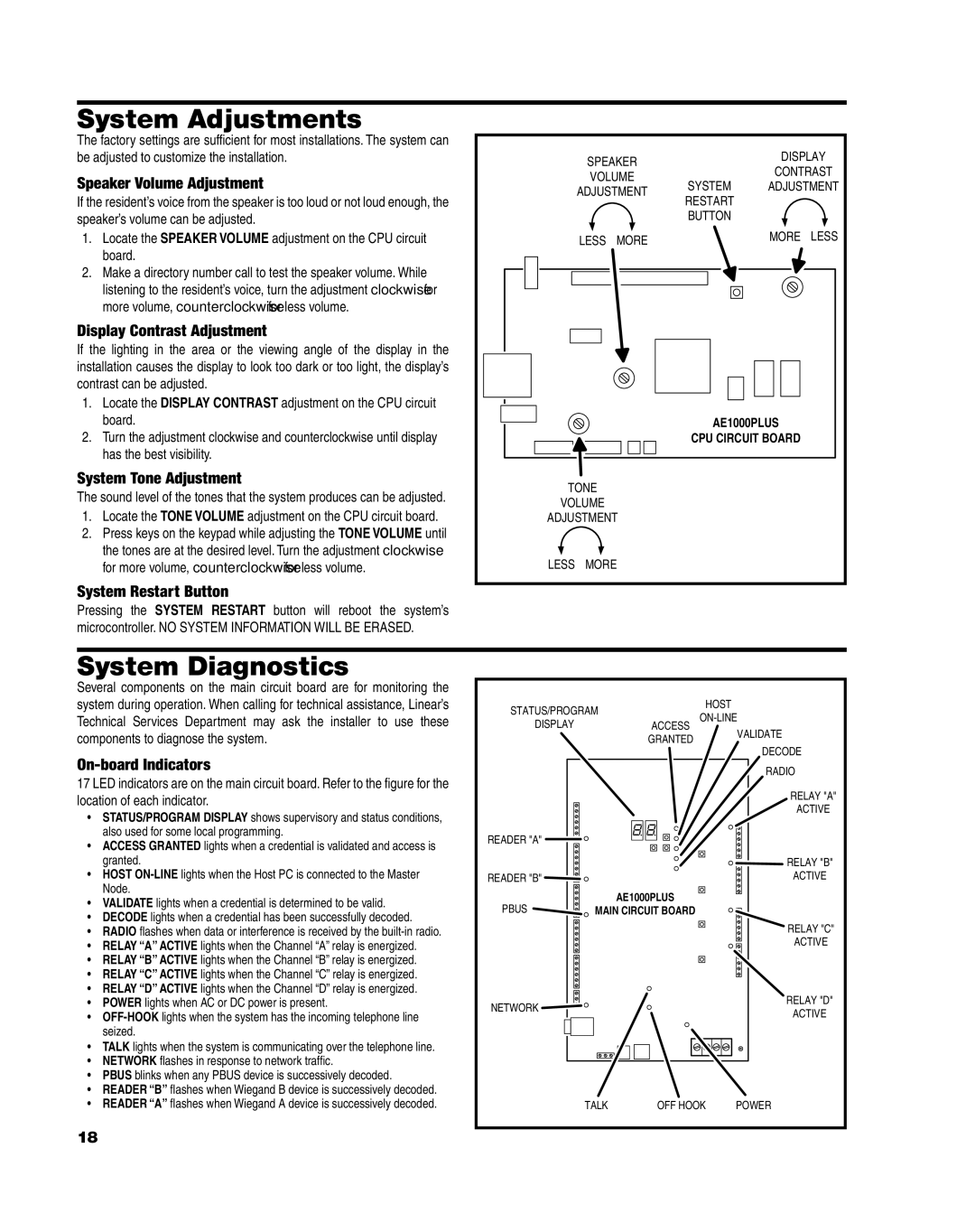 Linear AE1000Plus installation instructions System Adjustments, System Diagnostics 