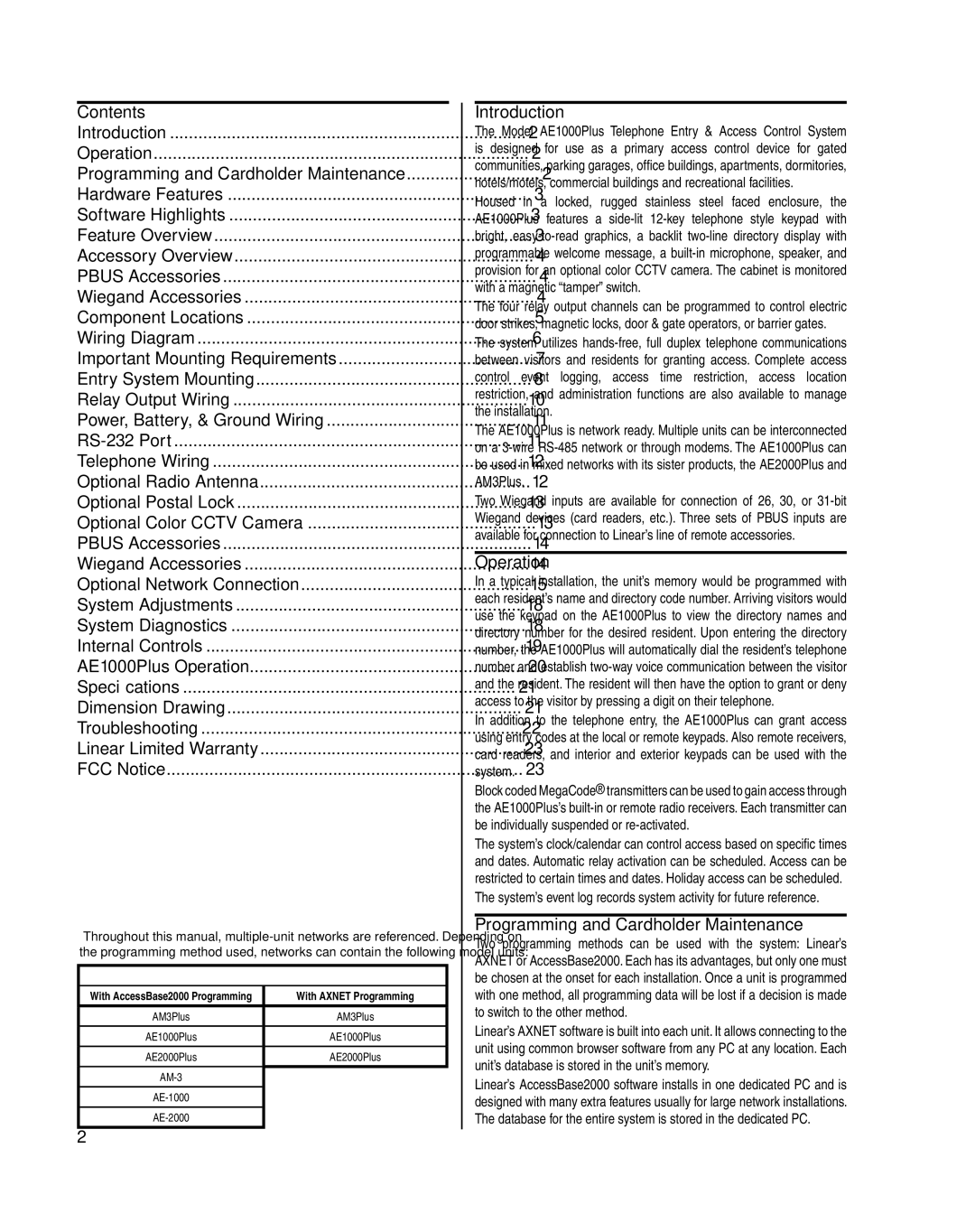 Linear AE1000Plus installation instructions Contents, Introduction, Operation, Programming and Cardholder Maintenance 