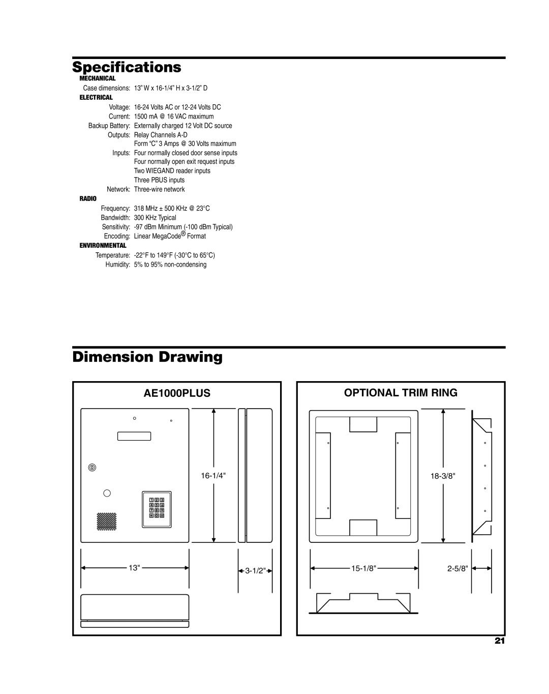 Linear AE1000Plus installation instructions Speciﬁcations, Dimension Drawing, 16-1/4, 18-3/8, 15-1/8 