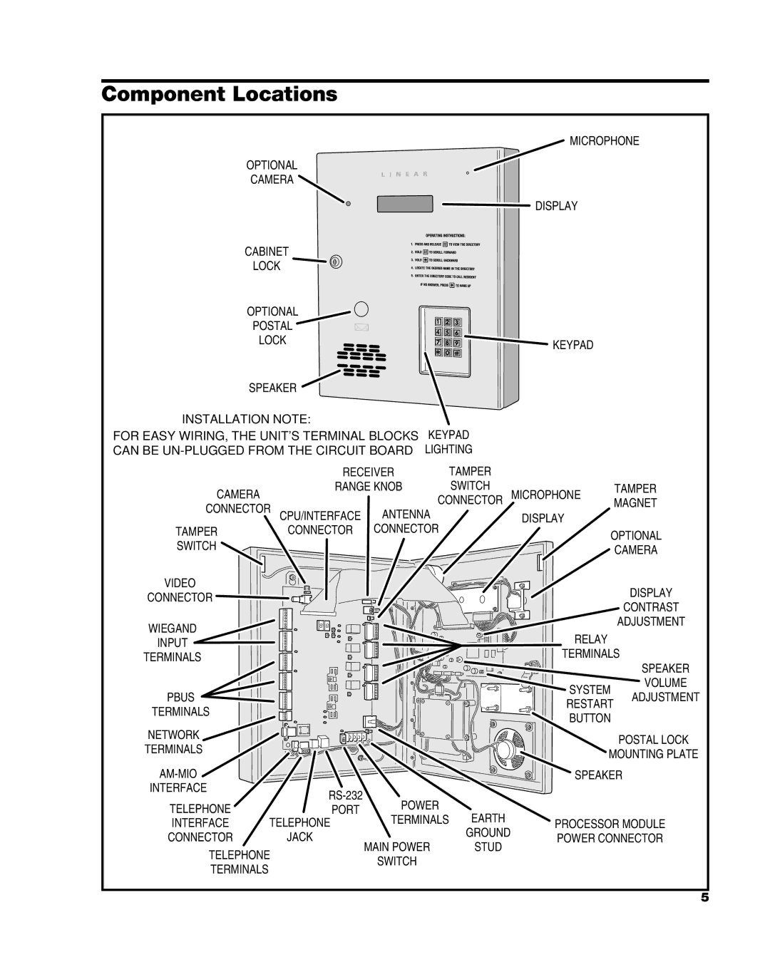 Linear AE1000Plus installation instructions Component Locations, Installation Note 