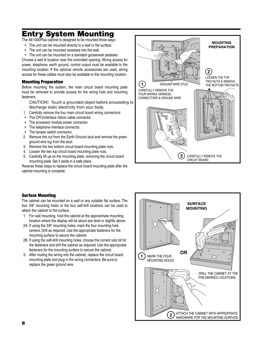 Linear AE1000Plus installation instructions Entry System Mounting, Mounting Preparation, Surface Mounting 