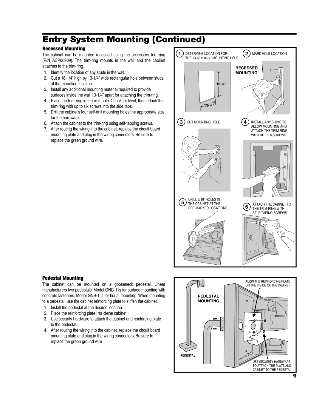 Linear AE1000Plus installation instructions Recessed Mounting, Pedestal Mounting 