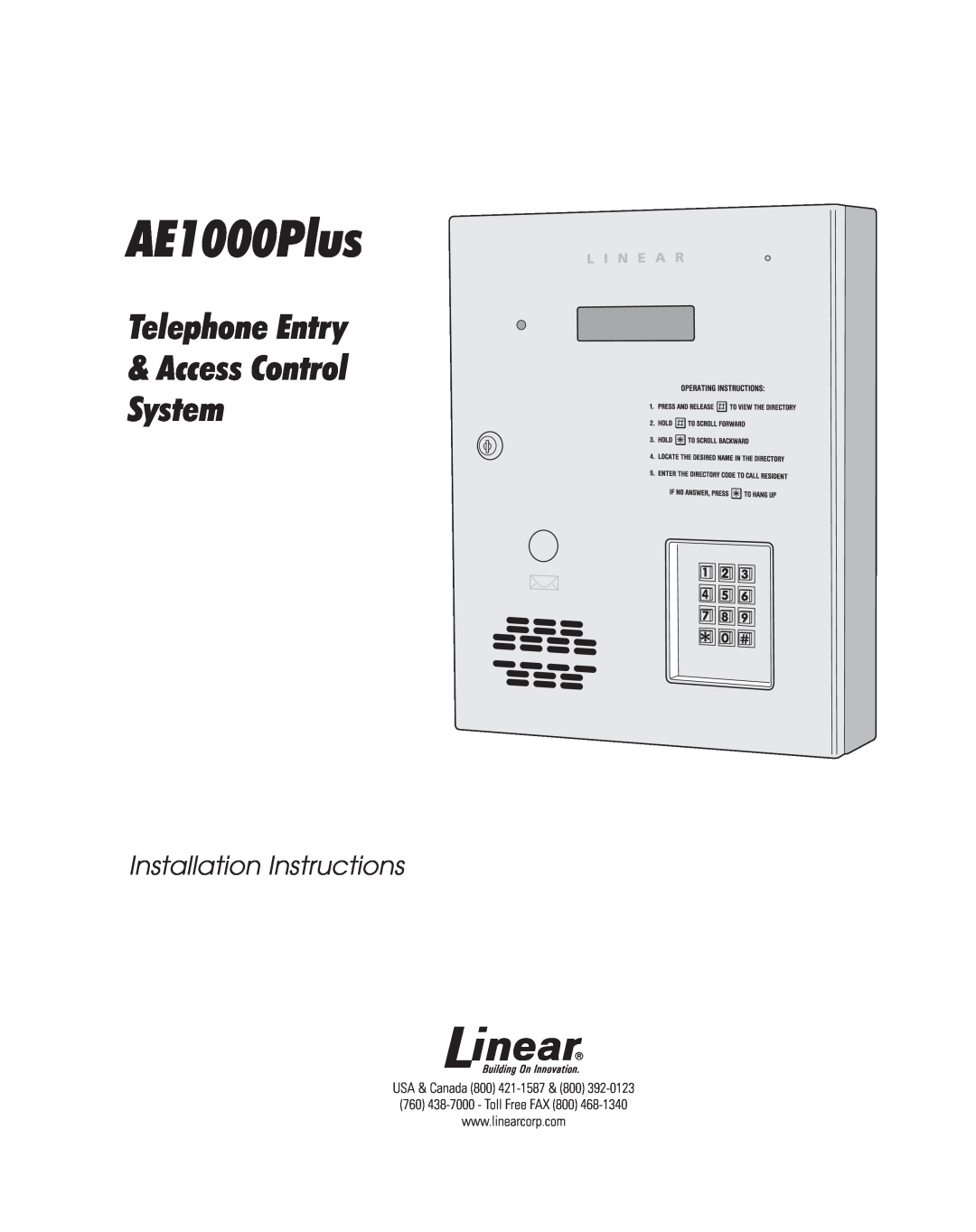 Linear AE1000Plus installation instructions Telephone Entry, Access Control System, Installation Instructions 