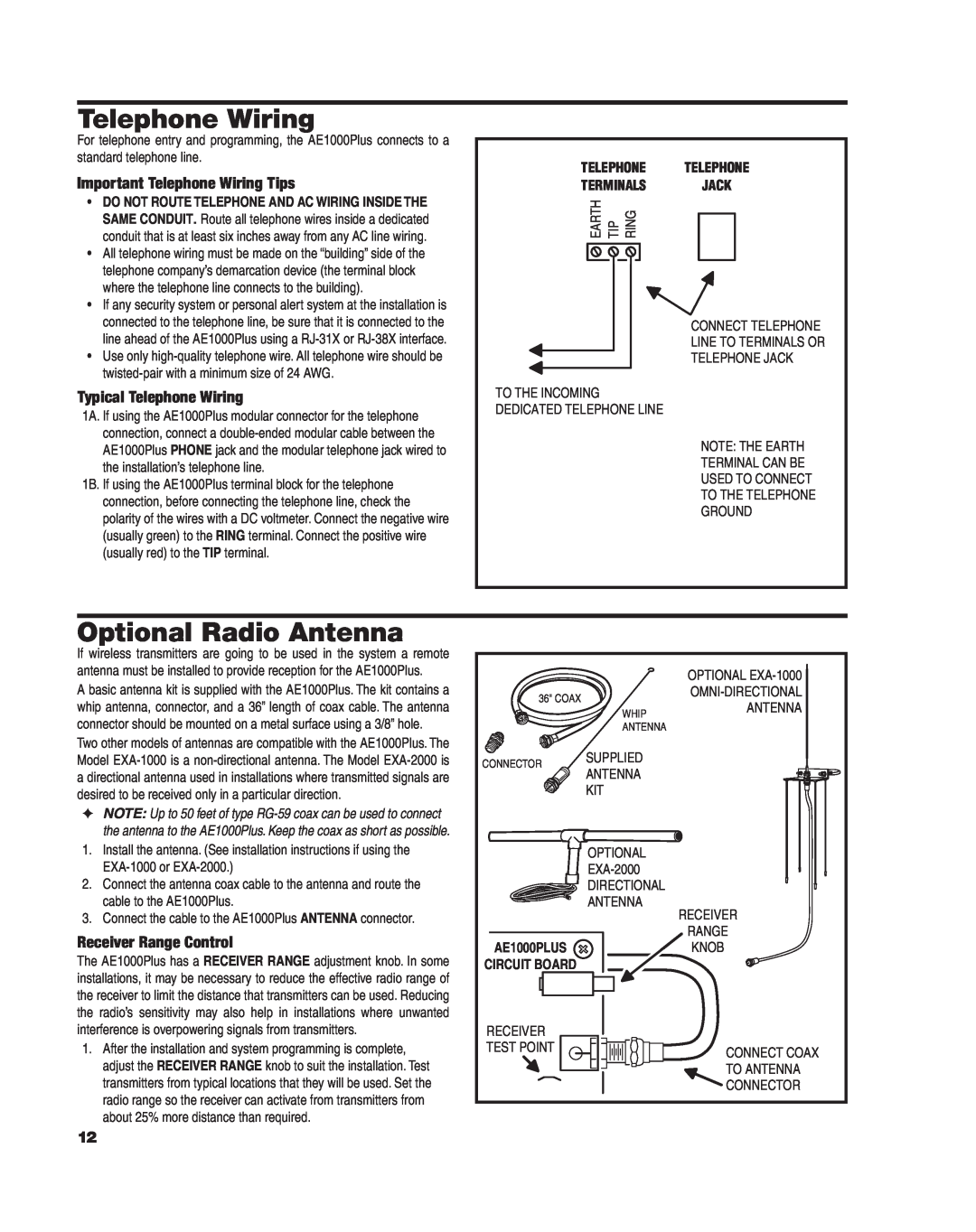 Linear AE1000Plus Optional Radio Antenna, Important Telephone Wiring Tips, Typical Telephone Wiring, Telephone Jack 