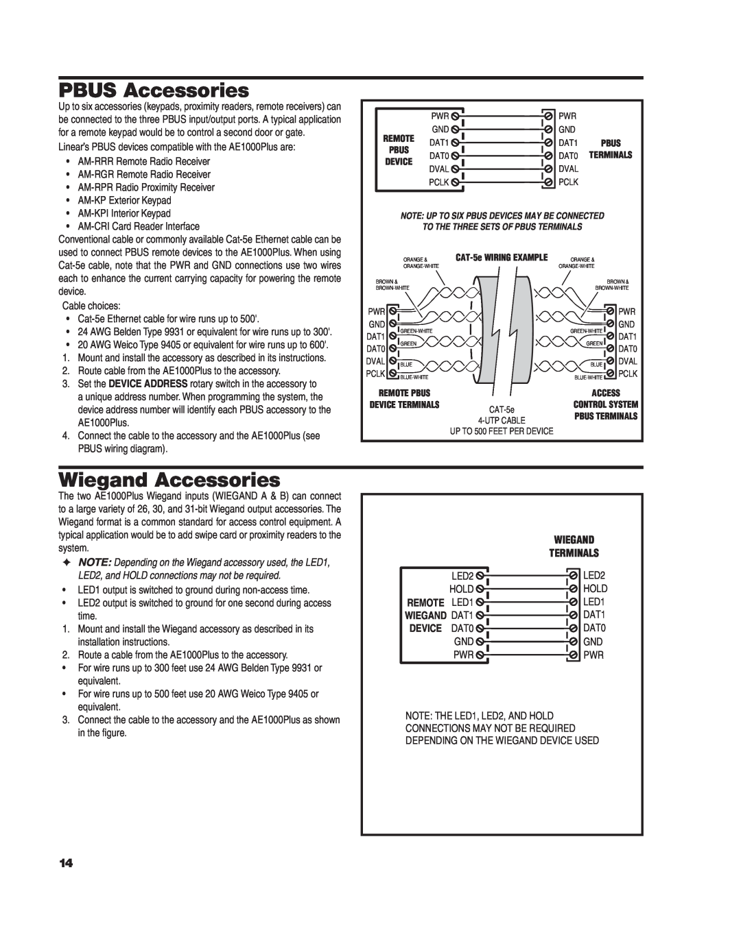 Linear AE1000Plus installation instructions PBUS Accessories, Wiegand Accessories, Wiegand Terminals 