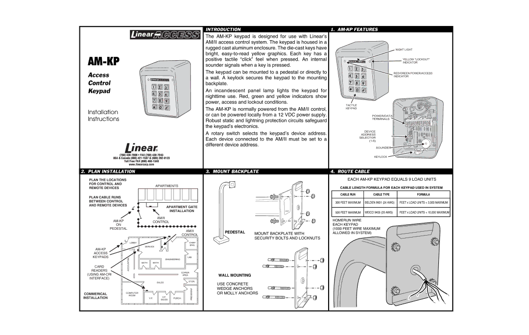 Linear AM-KP installation instructions Introduction, Plan Installation, Mount Backplate, Route Cable 