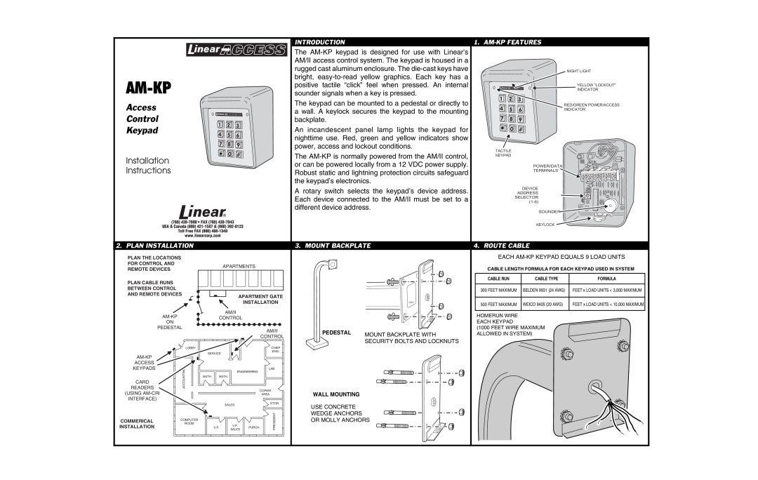 Linear AM-KP installation instructions Introduction, Plan Installation, Mount Backplate, Route Cable, Am-Kp, Keypad 