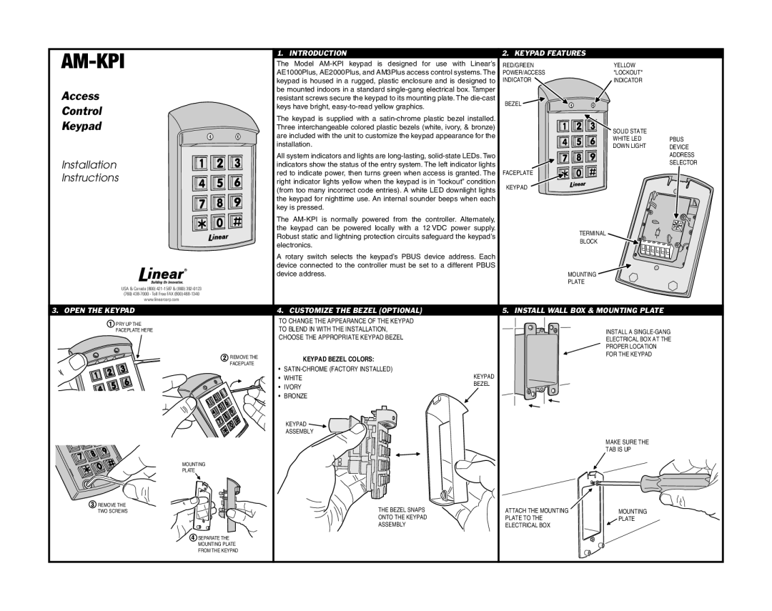 Linear AM-KPI installation instructions Access, Control, Keypad, Installation, Instructions 