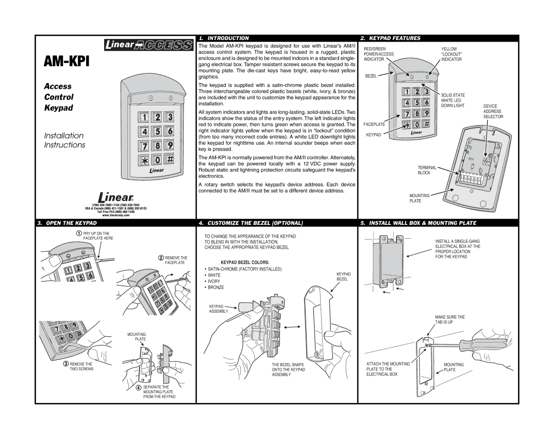 Linear AM-KPI installation instructions To Change the Appearance of the Keypad, SATIN-CHROME Factory Installed, Bronze 