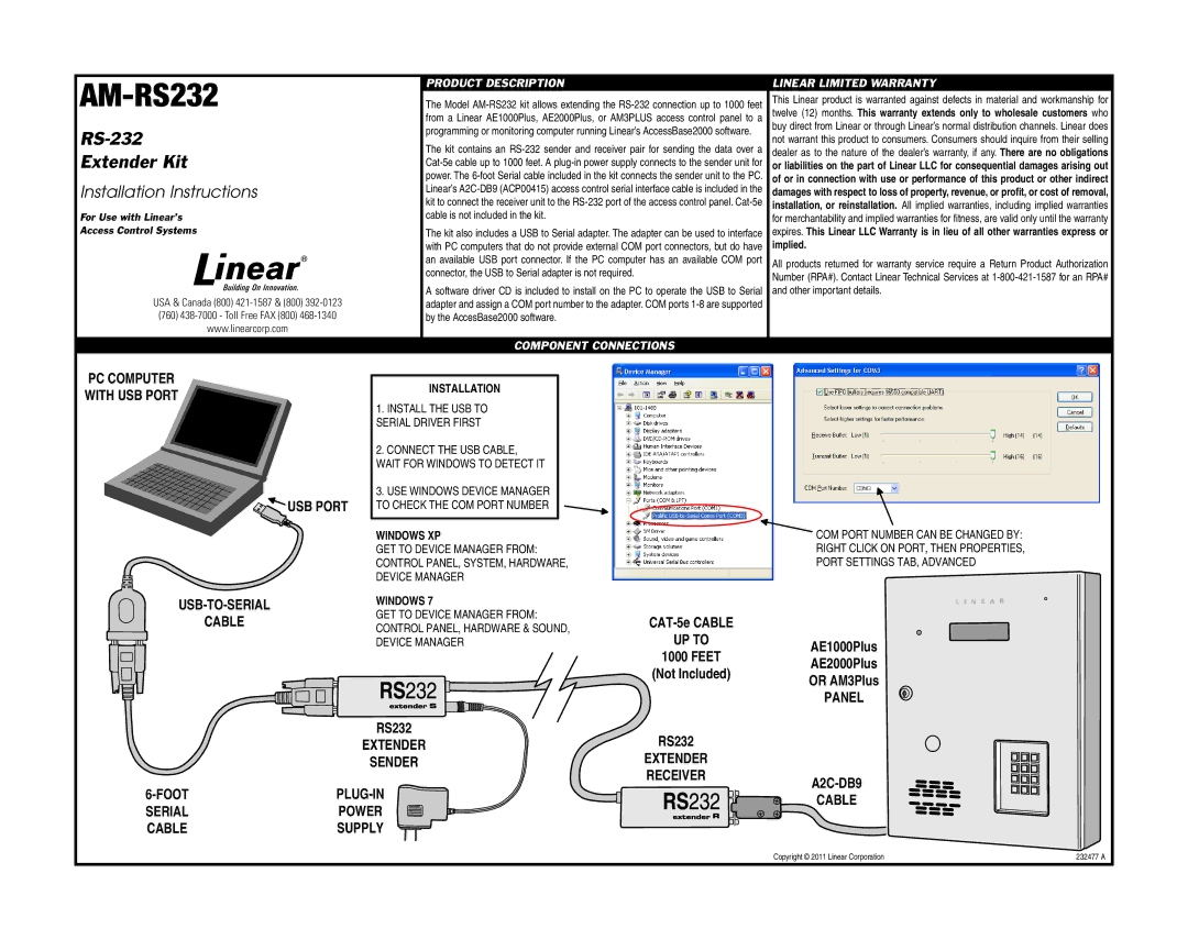 Linear AM-RS232 installation instructions RS-232 Extender Kit, Installation Instructions 