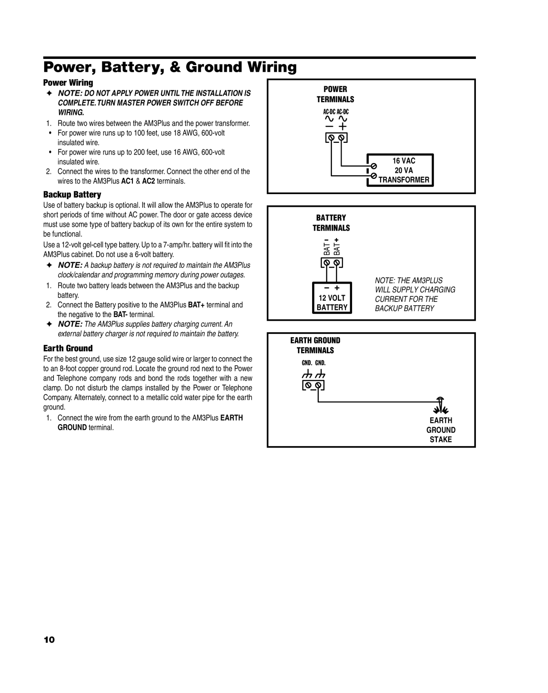 Linear AM3Plus installation instructions Power, Battery, & Ground Wiring, Power Wiring, Backup Battery, Earth Ground 