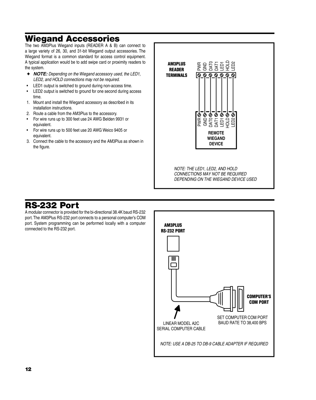 Linear AM3Plus installation instructions Wiegand Accessories, RS-232 Port 