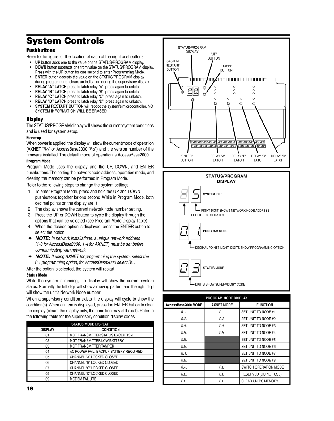 Linear AM3Plus installation instructions System Controls, Pushbuttons, Display, Power-up, Program Mode 