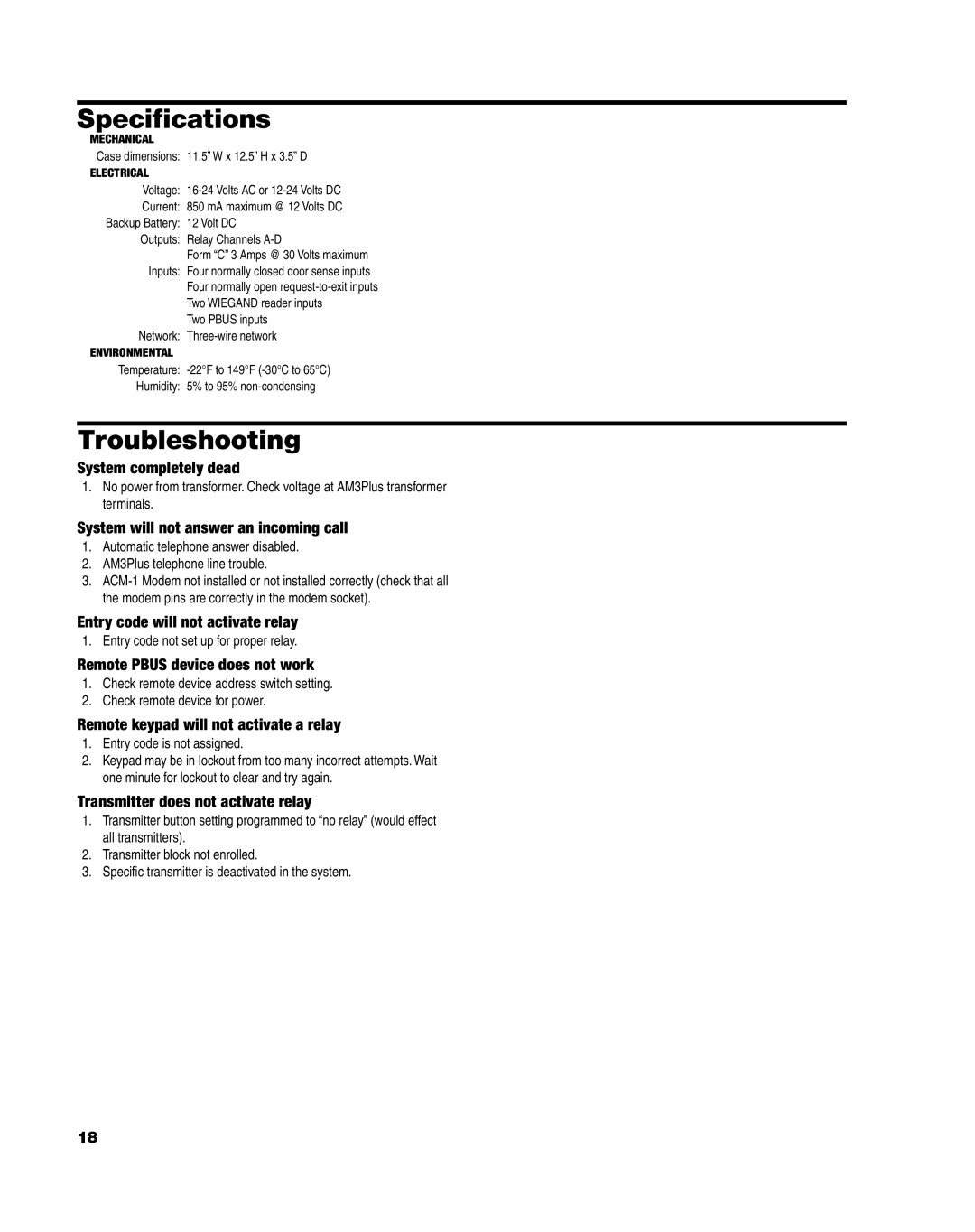 Linear AM3Plus installation instructions Speciﬁcations, Troubleshooting 