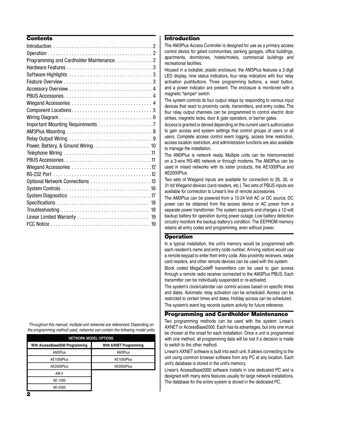 Linear AM3Plus installation instructions Contents, Introduction, Operation, Programming and Cardholder Maintenance 