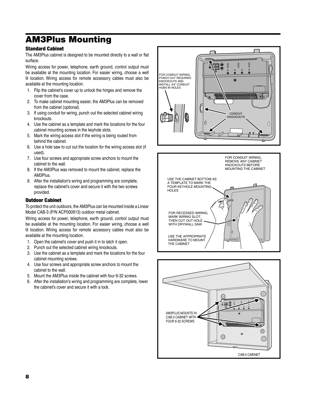 Linear installation instructions AM3Plus Mounting, Standard Cabinet, Outdoor Cabinet 