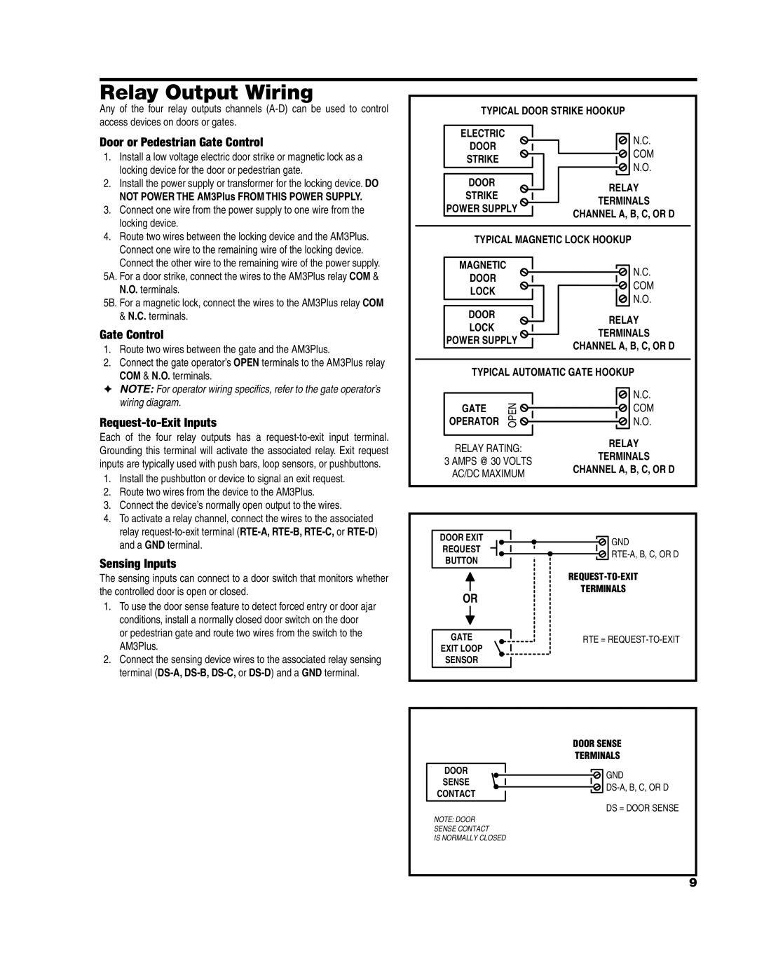 Linear AM3Plus Relay Output Wiring, Door or Pedestrian Gate Control, Request-to-Exit Inputs, Sensing Inputs 