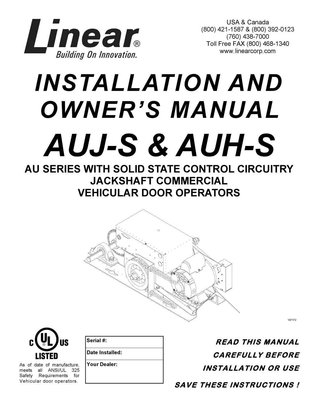 Linear AUH-S, AUJ-S owner manual Auj-S & Auh-S 