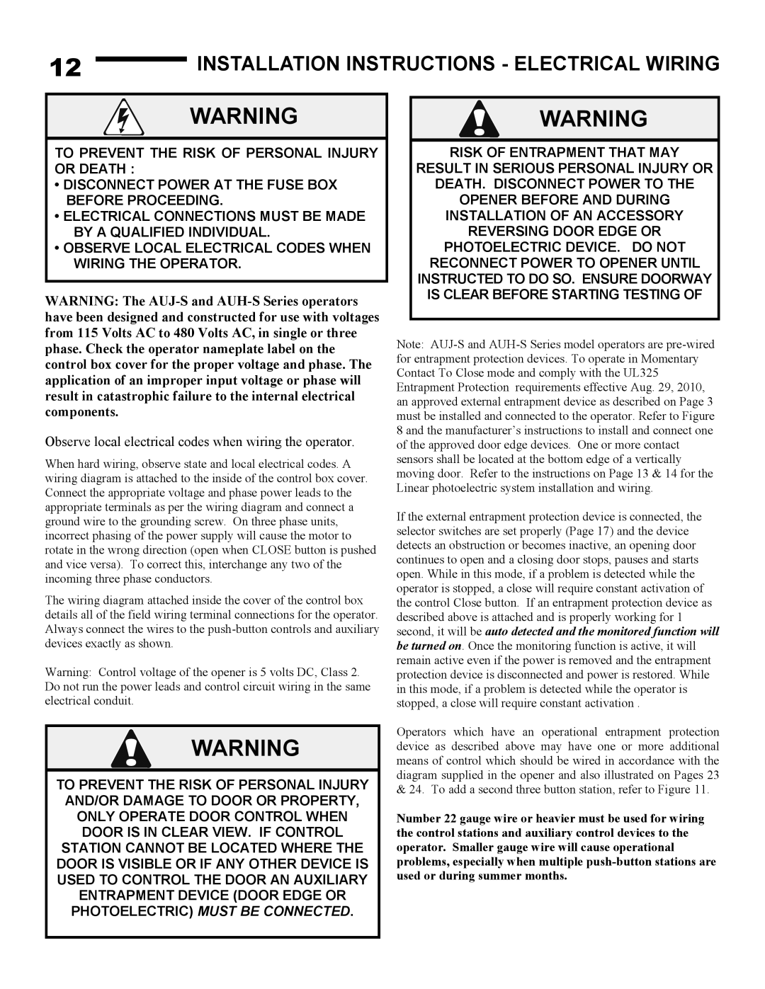 Linear AUJ-S, AUH-S Installation Instructions Electrical Wiring, Observe local electrical codes when wiring the operator 