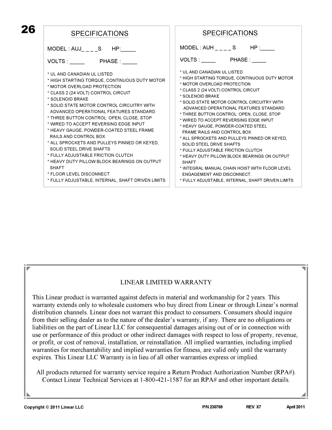 Linear AUJ-S, AUH-S owner manual Specifications 