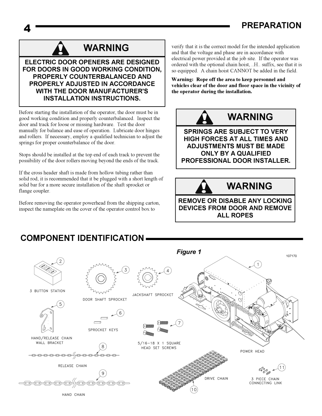 Linear AUJ-S, AUH-S owner manual Preparation, Component Identification 