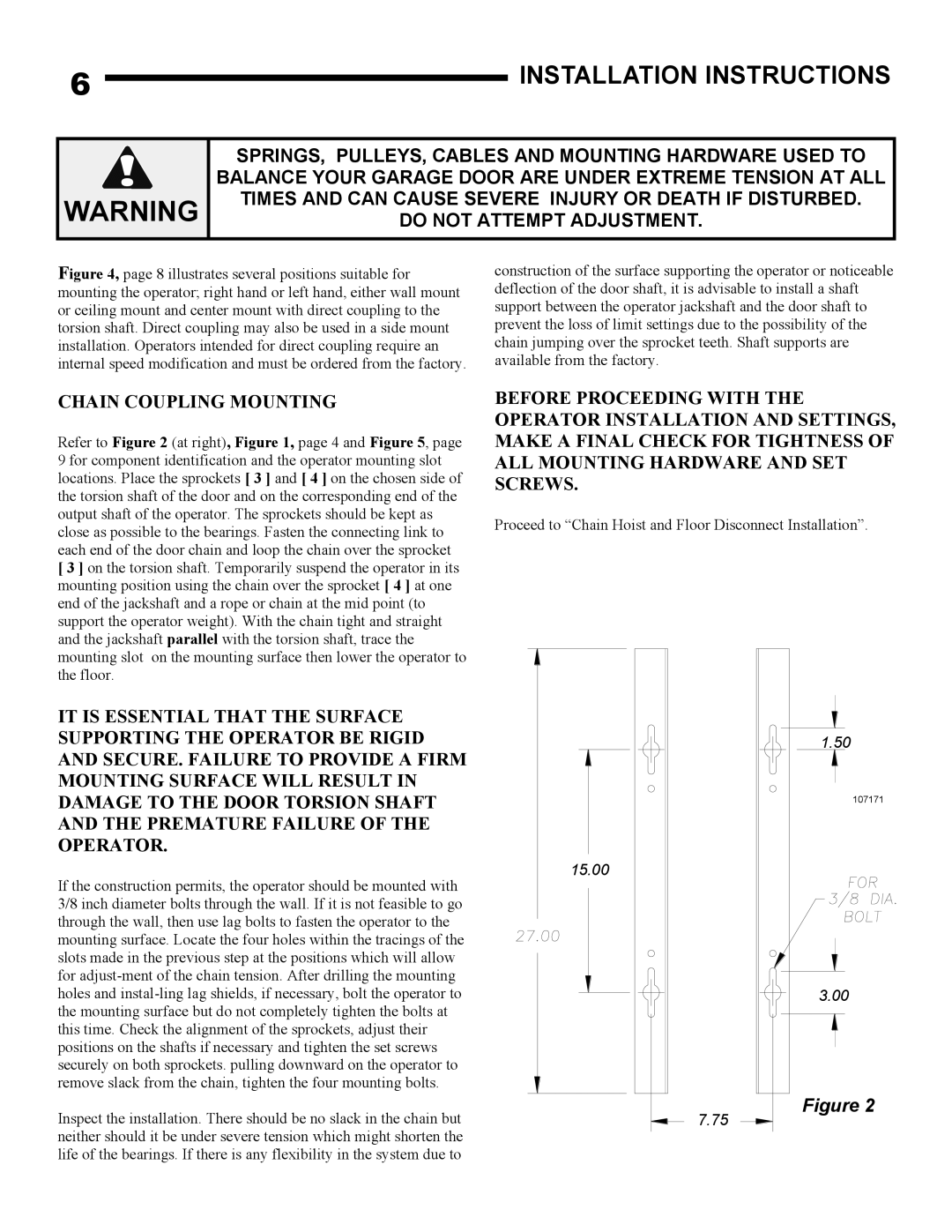 Linear AUJ-S, AUH-S owner manual Installation Instructions, Chain Coupling Mounting 