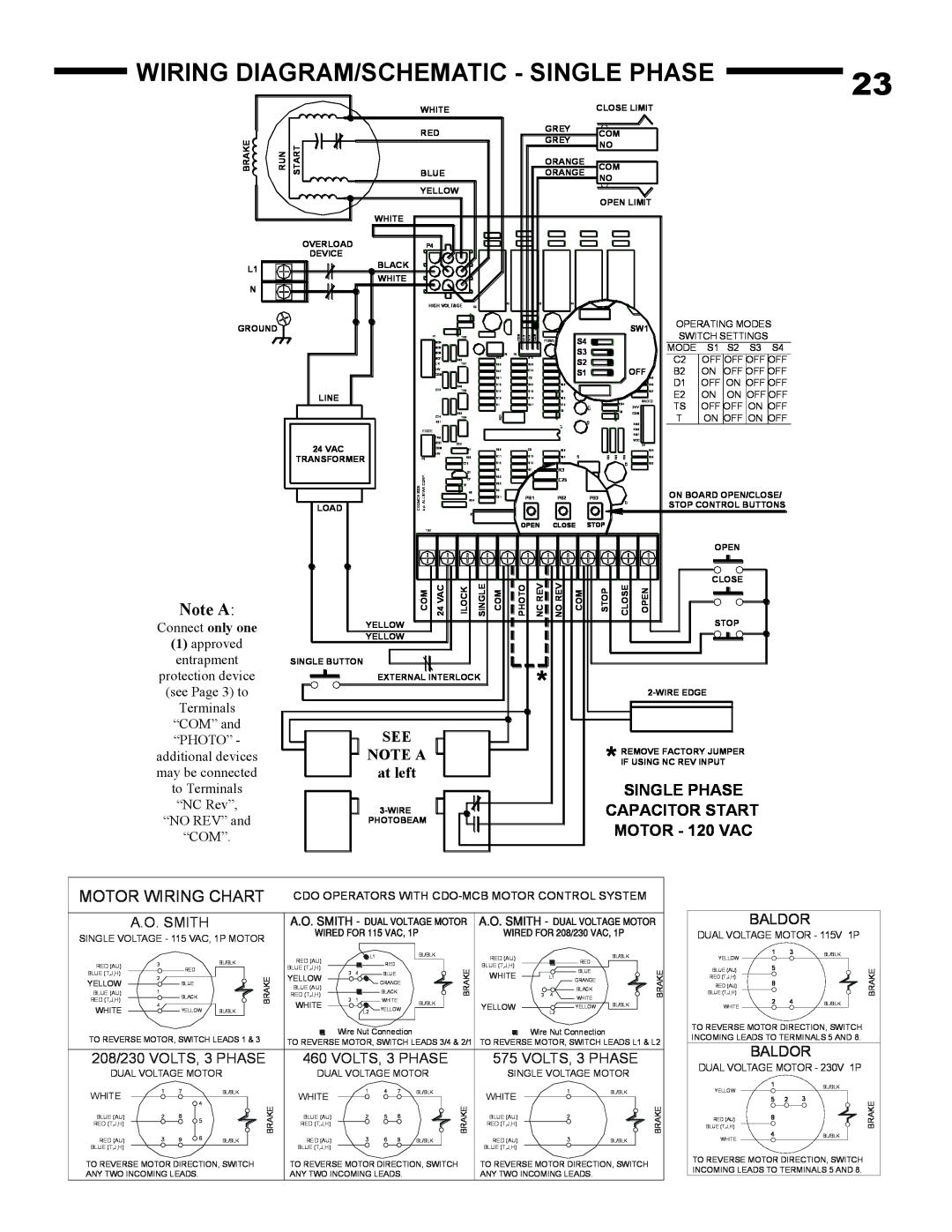 Linear AUH-S Wiring Diagram/Schematic - Single Phase, Note A, SINGLE PHASE CAPACITOR START MOTOR - 120 VAC, A.O. Smith 