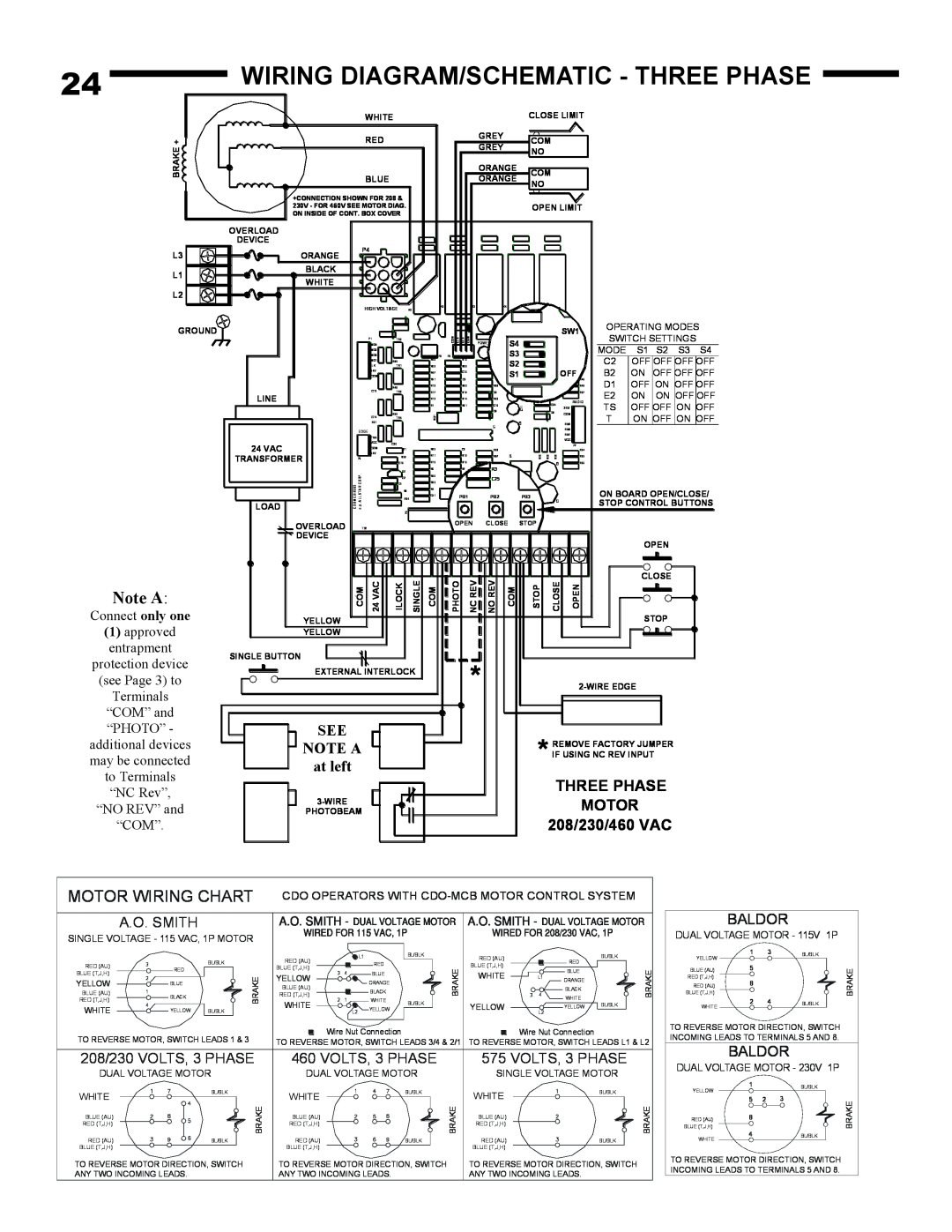 Linear AUJ-S Wiring Diagram/Schematic - Three Phase, Note A, Motor Wiring Chart, SEE NOTE A at left, A.O. Smith, Baldor 