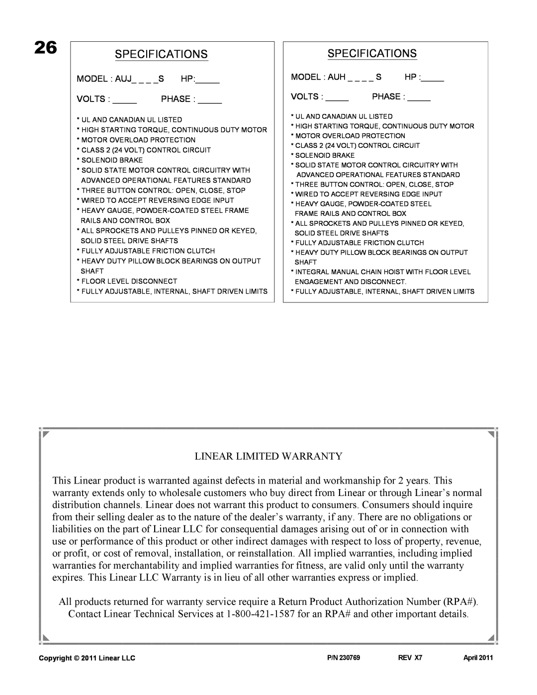 Linear AUJ-S, AUH-S owner manual Specifications 