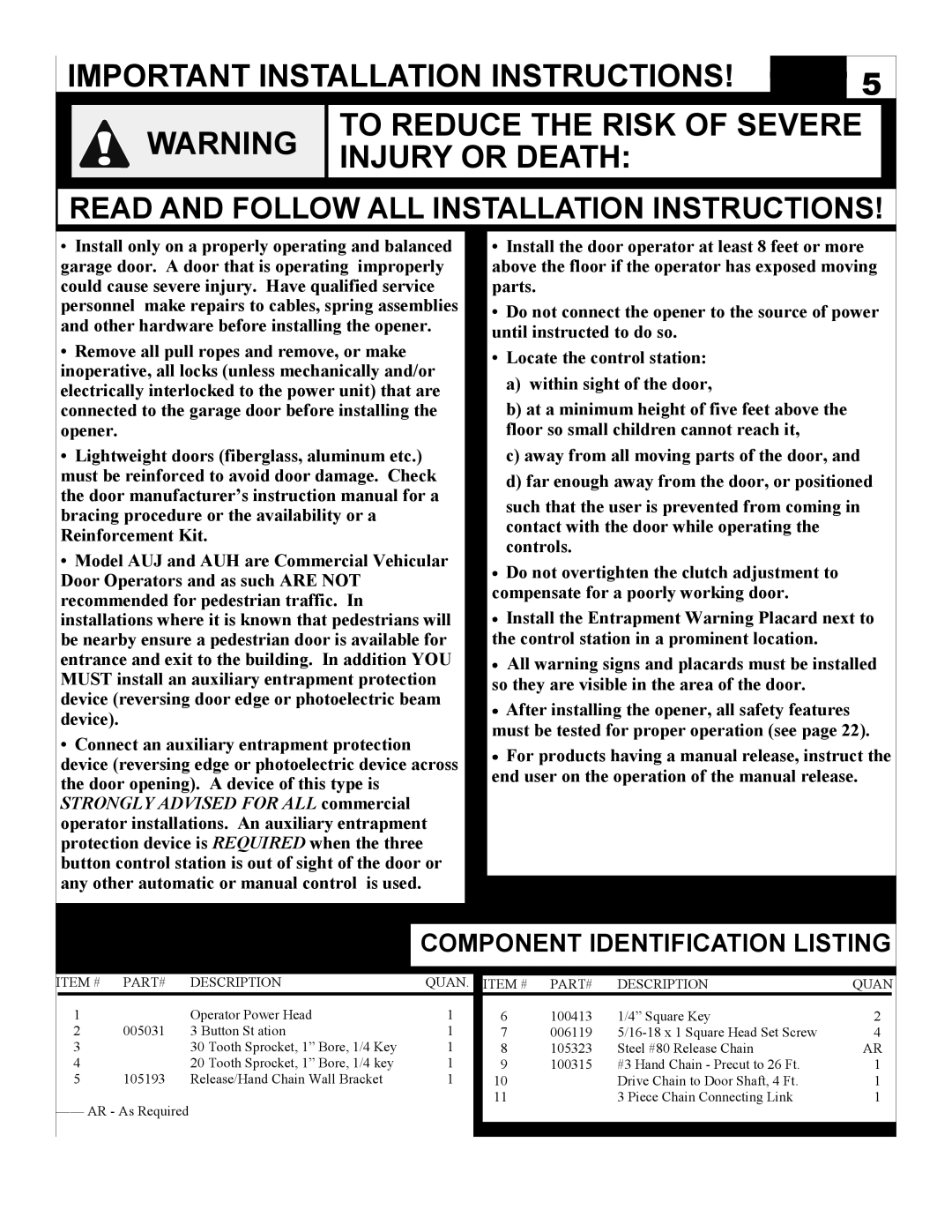 Linear AUH-S, AUJ-S owner manual Important Installation Instructions, To Reduce The Risk Of Severe Injury Or Death 