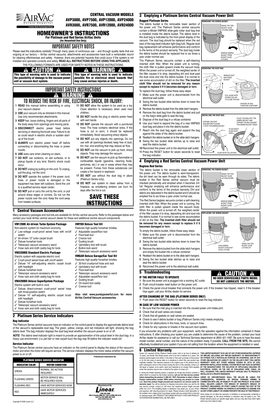 Linear AVR7500 important safety instructions Emptying a Platinum Series Central Vacuum Power Unit, Troubleshooting 