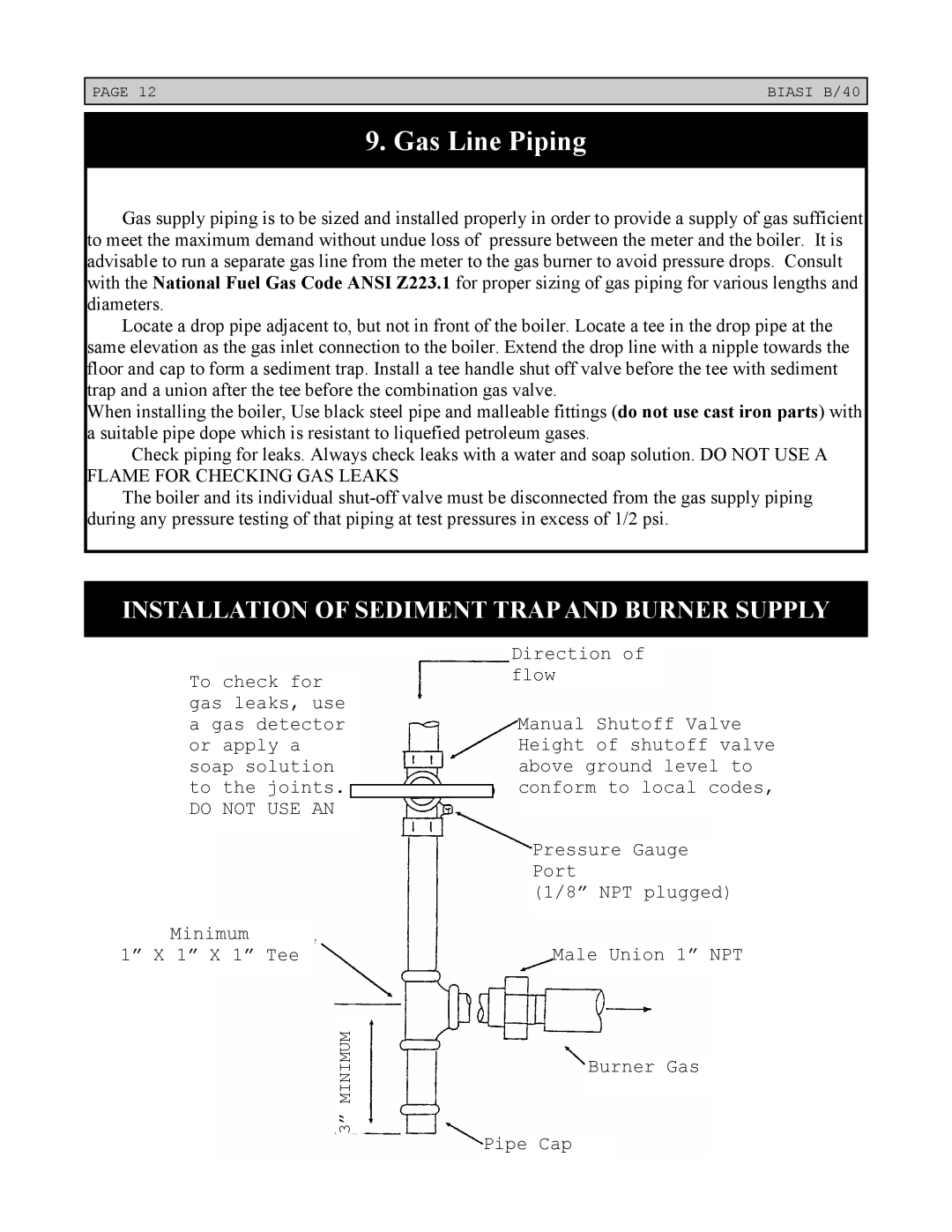 Linear Boiler installation instructions Gas Line Piping, Installation of Sediment Trapand Burner Supply 