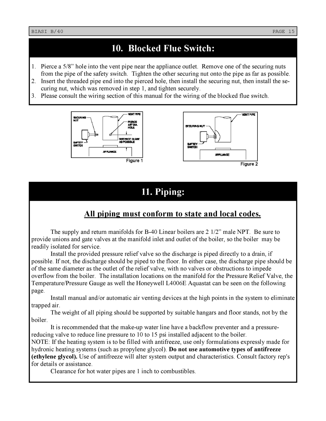 Linear Boiler installation instructions Blocked Flue Switch, Piping 