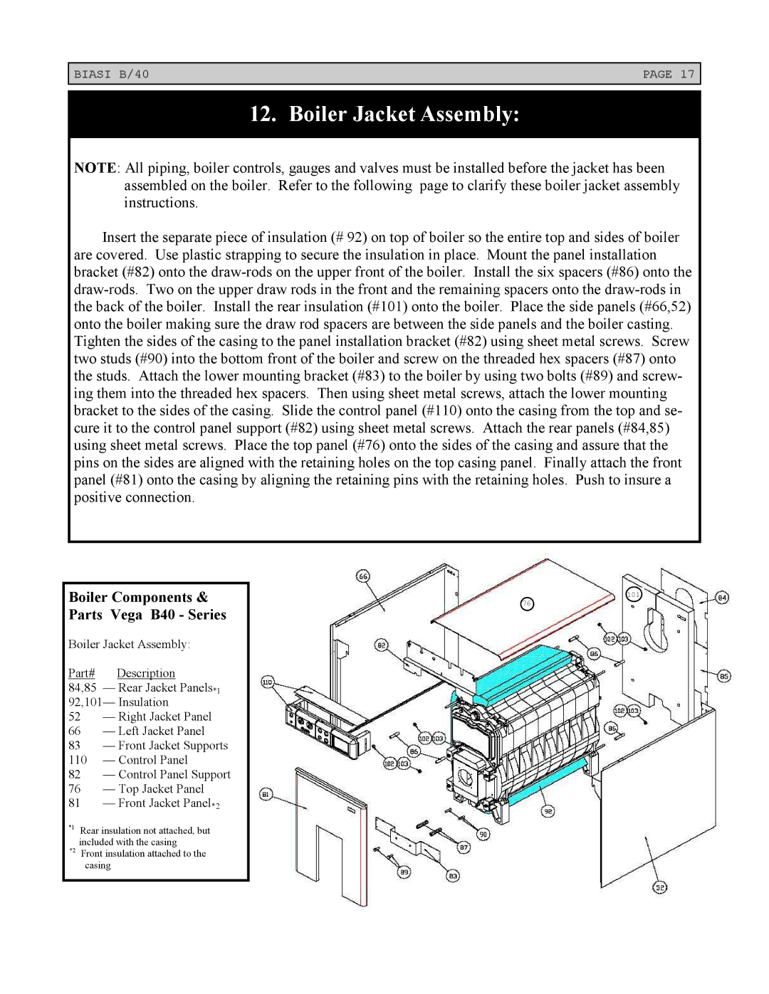 Linear installation instructions Boiler Jacket Assembly, Boiler Components Parts Vega B40 Series 