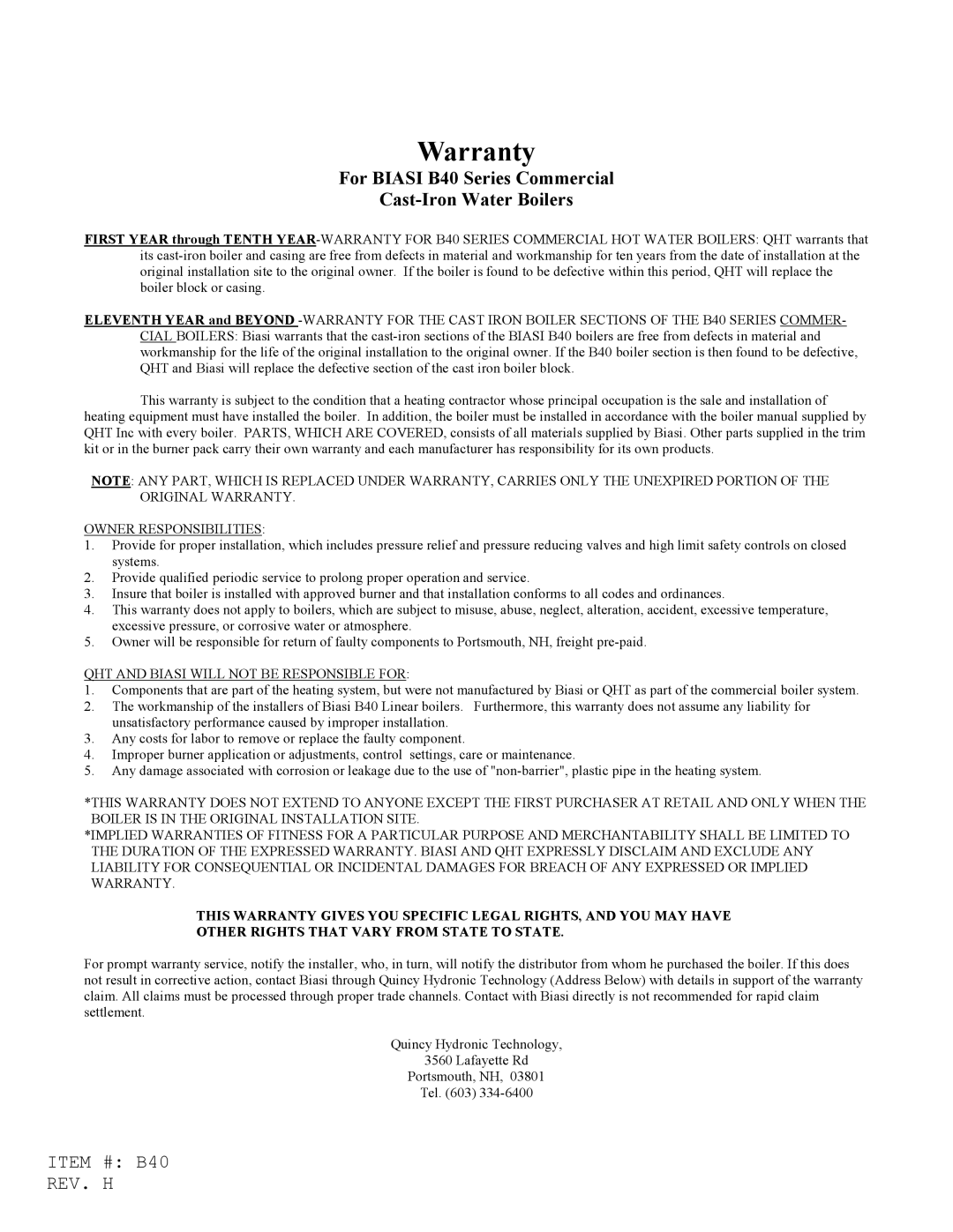 Linear installation instructions Warranty, For Biasi B40 Series Commercial Cast-Iron Water Boilers 