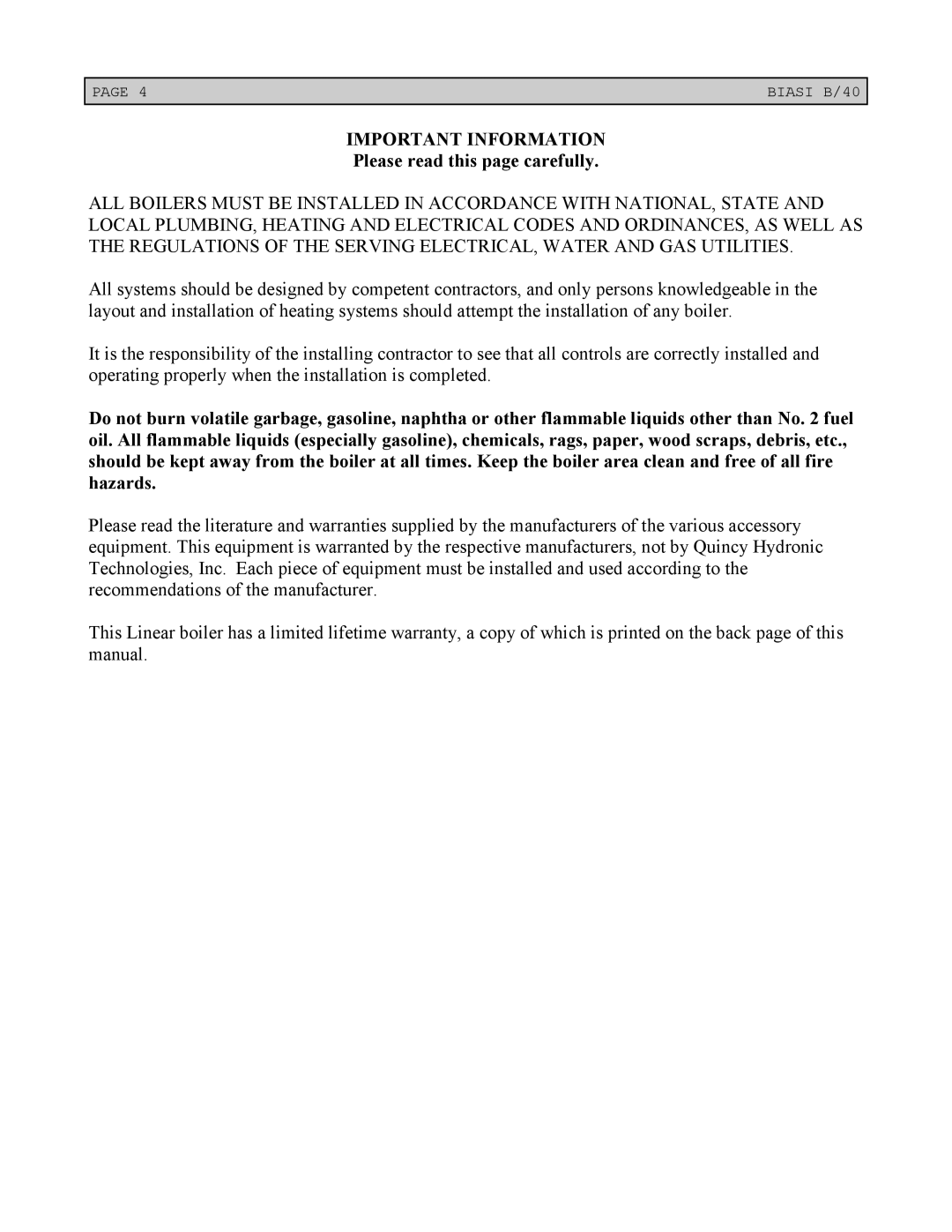 Linear Boiler installation instructions Important Information, Please read this page carefully 