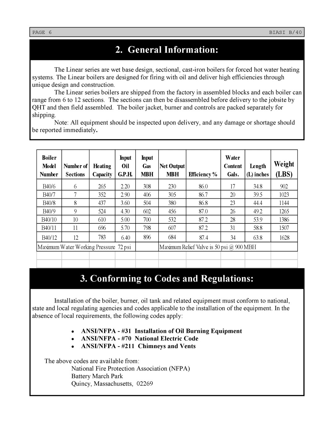 Linear Boiler installation instructions General Information, Conforming to Codes and Regulations, Weight 