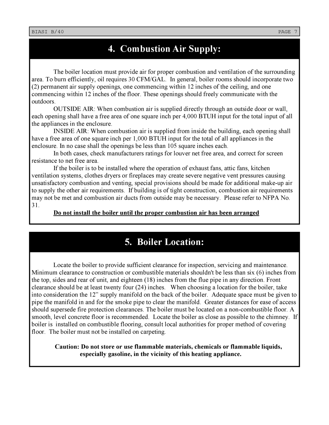 Linear installation instructions Combustion Air Supply, Boiler Location 