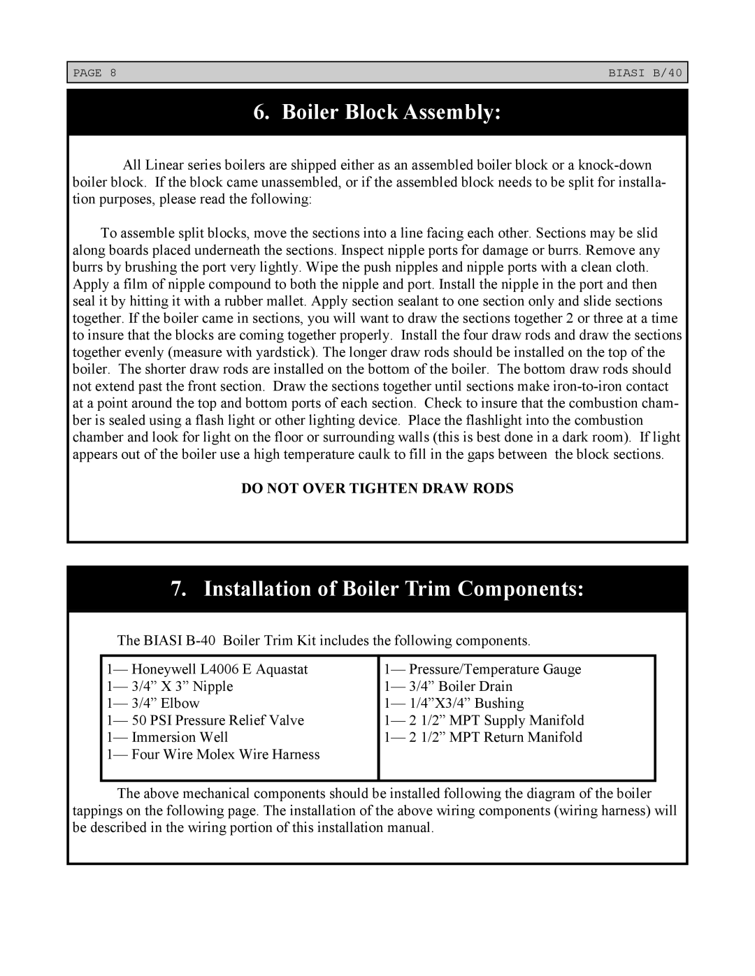 Linear installation instructions Boiler Block Assembly, Installation of Boiler Trim Components 