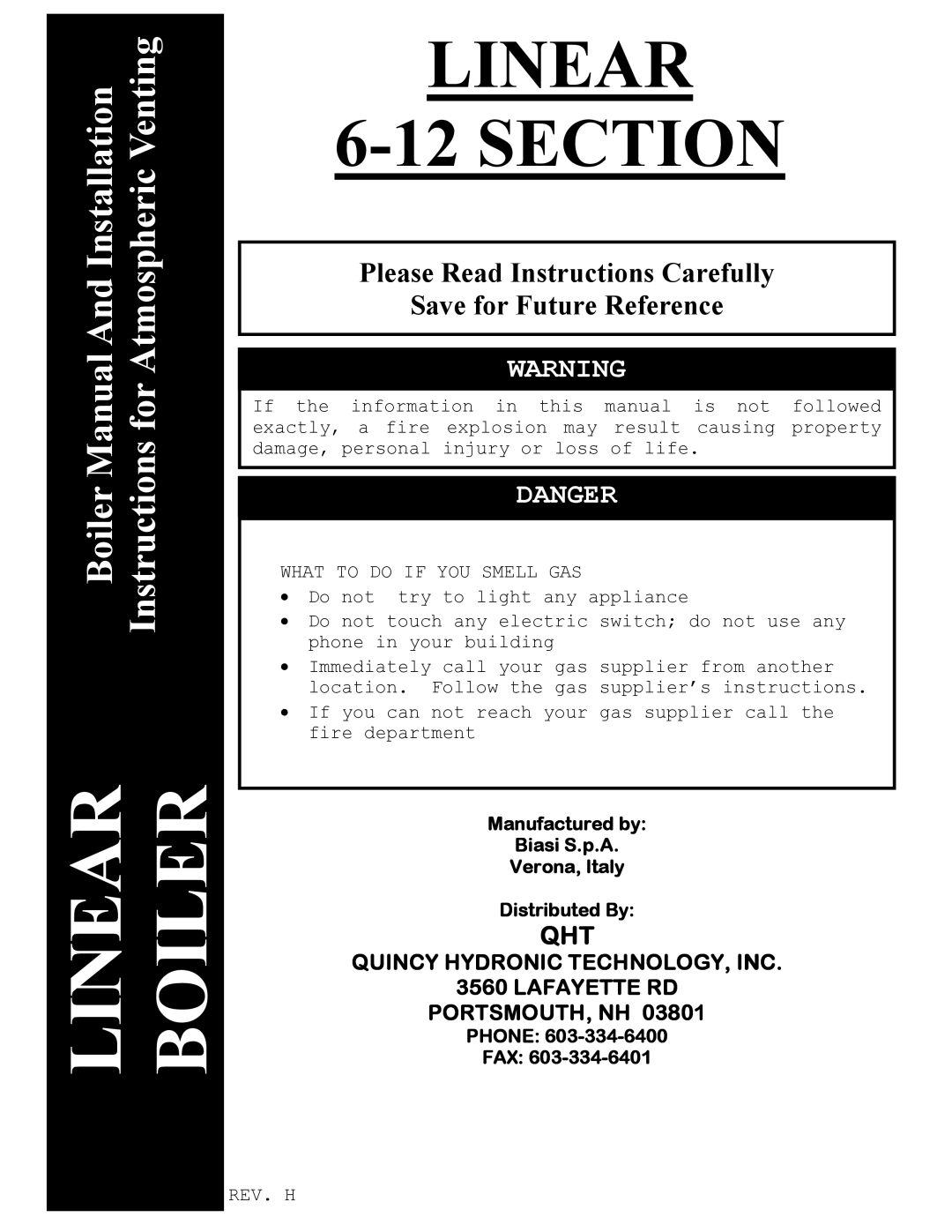 Linear Boiler installation instructions Please Read Instructions Carefully Save for Future Reference, Linear, Danger 