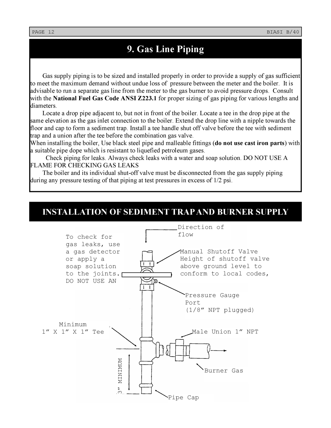 Linear Boiler installation instructions Gas Line Piping, Installation Of Sediment Trapand Burner Supply 