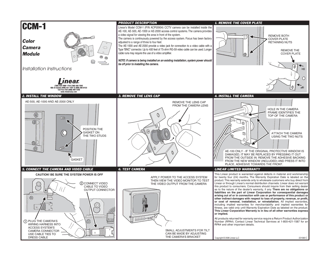 Linear CCM-1 installation instructions Color, Camera, Module, Installation Instructions 