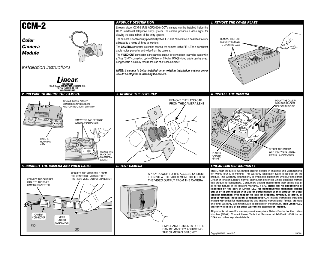 Linear CCM-2 installation instructions Color, Camera, Module 