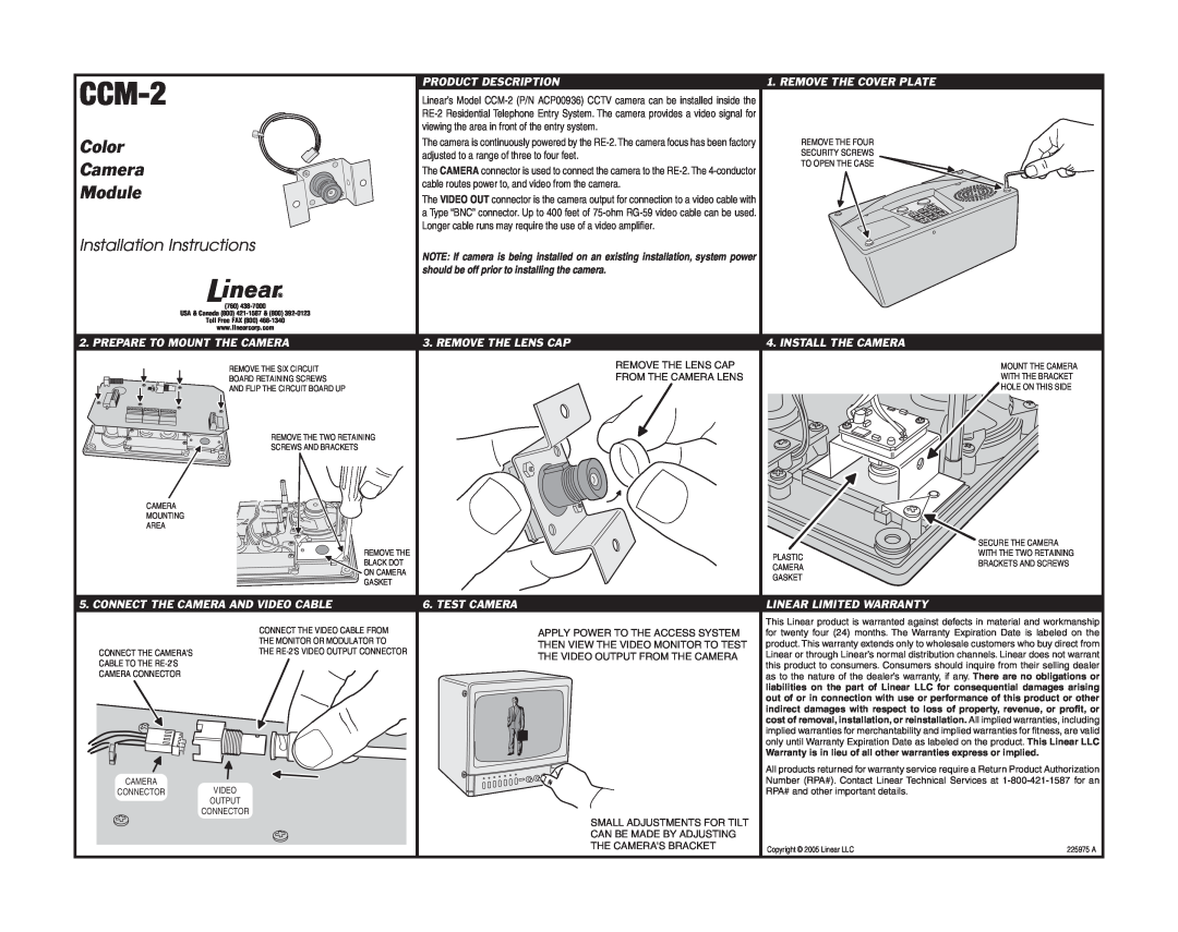 Linear CCM-2 installation instructions Color, Module, Installation Instructions, Product Description, Test Camera 
