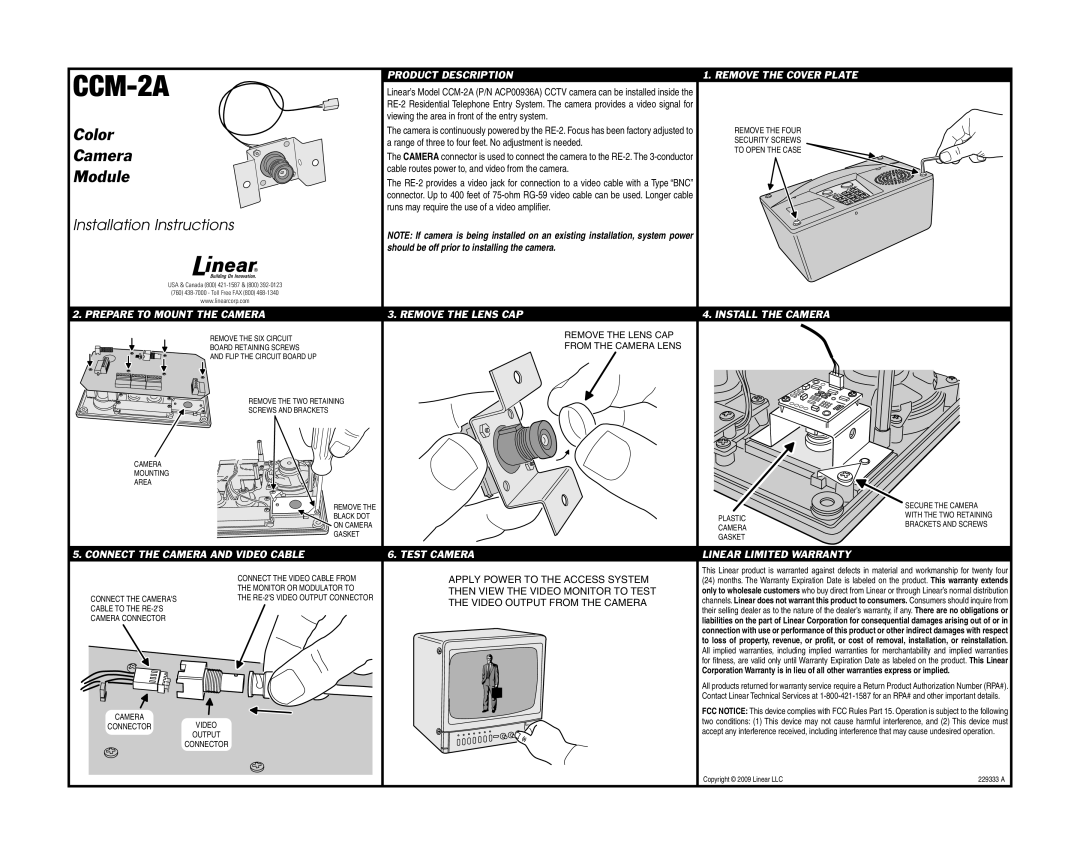 Linear CCM-2A installation instructions Color, Camera, Module 