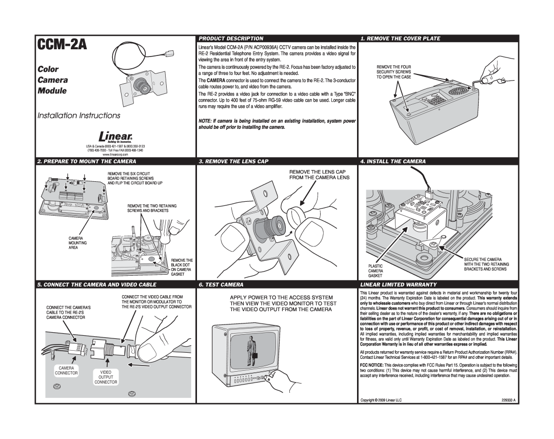 Linear CCM-2A installation instructions Color, Module, Installation Instructions, Product Description, Test Camera 