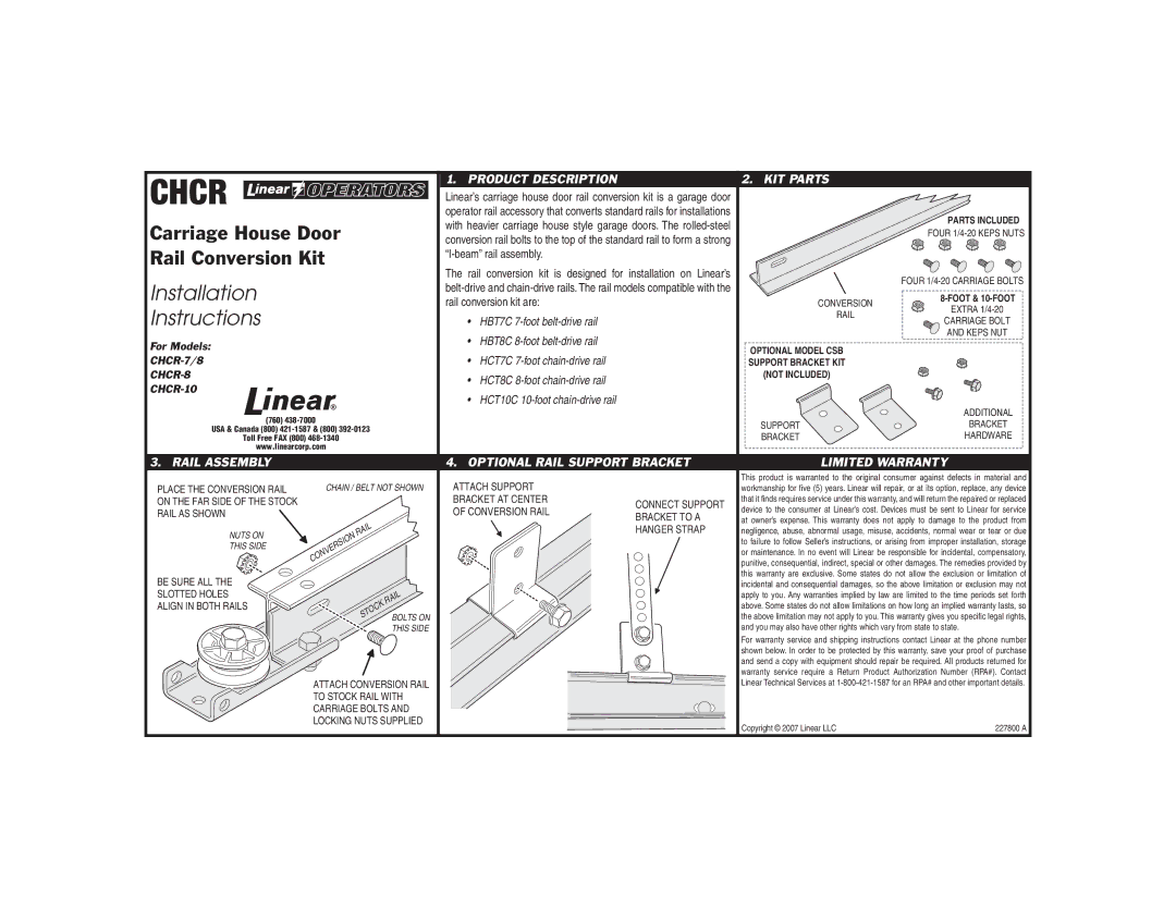 Linear CHCR-8, CHCR-10, CHCR-7/8 installation instructions Rail Assembly, Product Description KIT Parts 