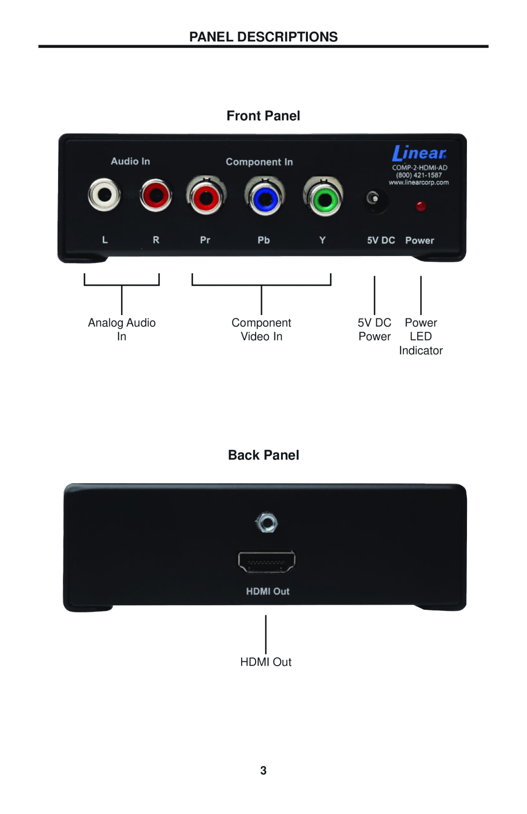Linear COMP-2-HDMI-AD Panel Descriptions, Front Panel, Back Panel, Audio, 5V DC, Power, HDMI Out, Component, Video In 