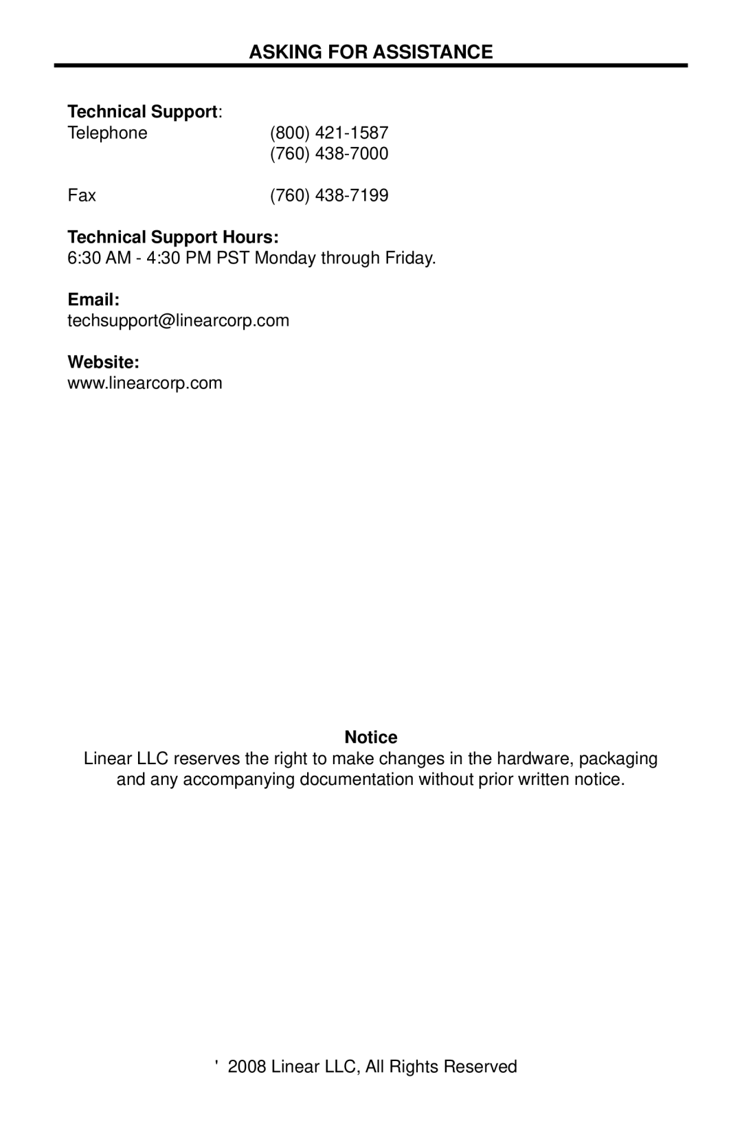 Linear COMP-DA-1X3 user manual Asking for Assistance, Technical Support Hours, Website 